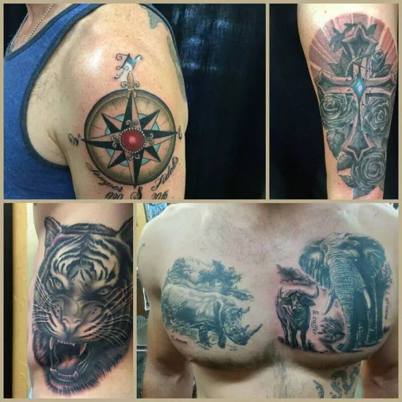 Four pictures of different tattoos on a man's chest, featuring San Diego's Tattoos of the Month for July.