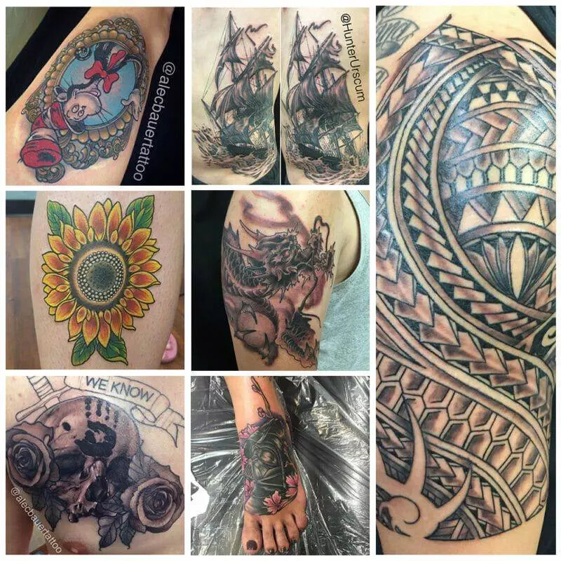 A collage of different tattoos on a woman's arm.