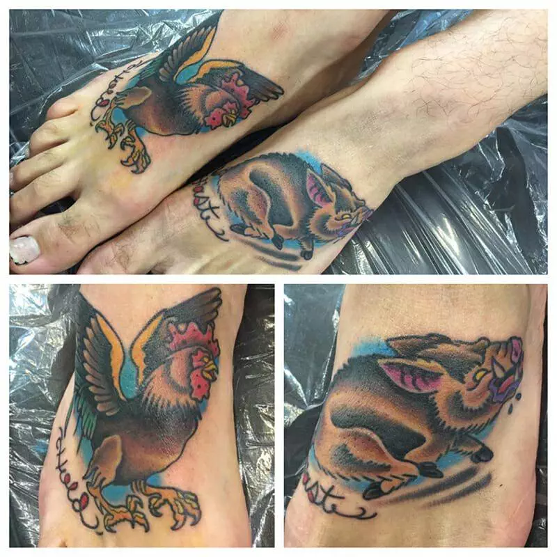 Foot tattoos of a pig and a rooster.