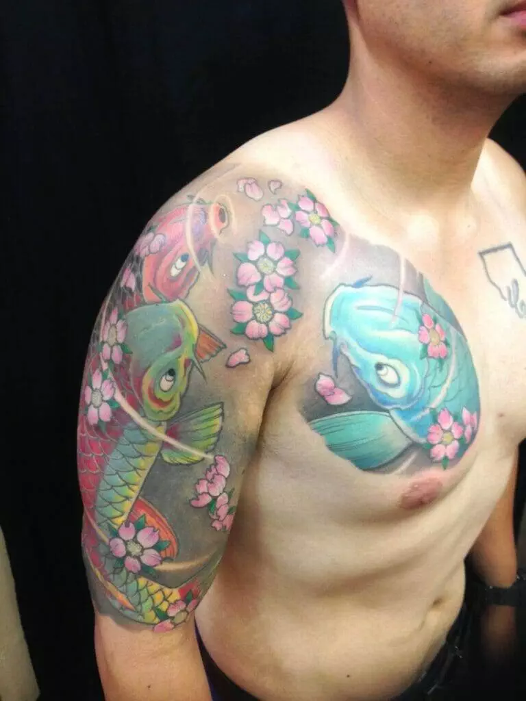 colorful koi fish tattoo, chest