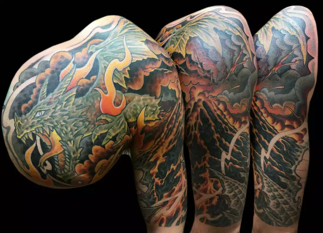 Japanese dragon sleeve tattoo.