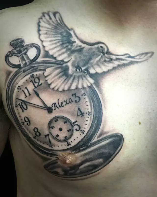 A man with a pocket watch tattoo on his chest.