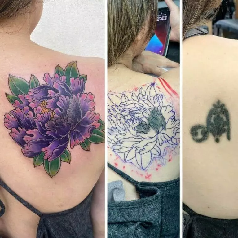 Three pictures of a woman's back with different tattoos.