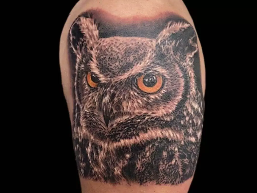 An owl tattoo on a man's arm.