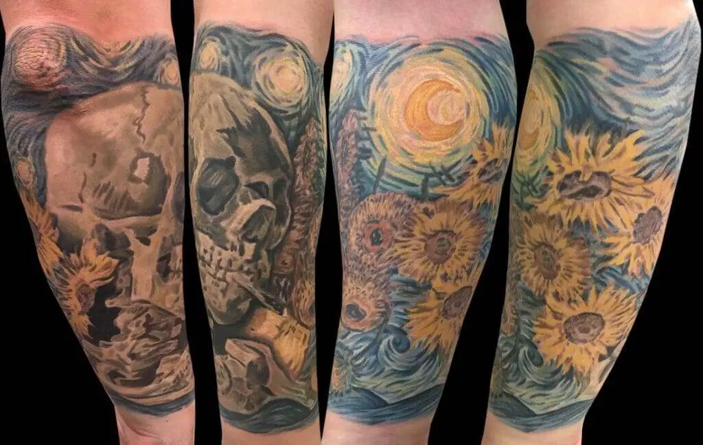 A tattoo of sunflowers and skulls on a forearm.