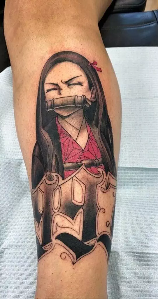 A tattoo of a woman with a mask on her leg.