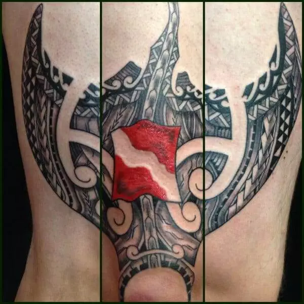 tattoo, red, flag, thigh.