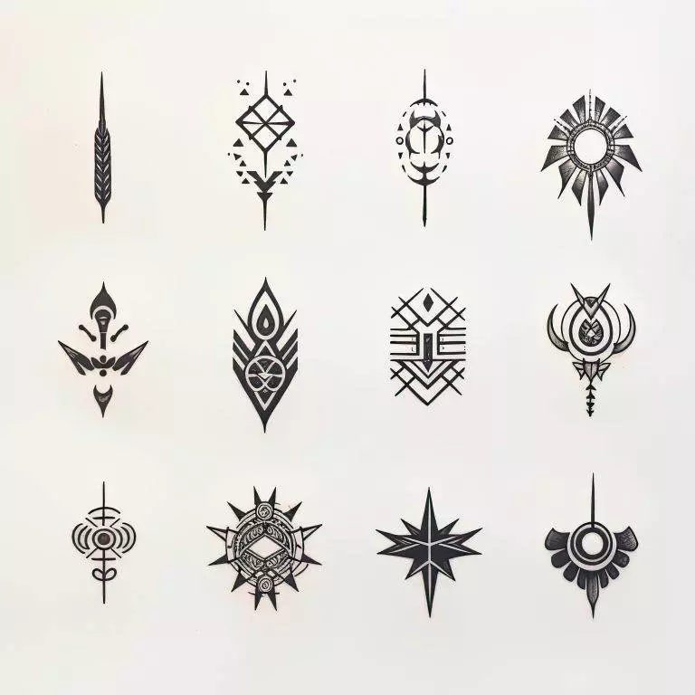 A collection of twelve minimalist tattoo designs displayed on a white background, featuring various geometric and symmetrical patterns.