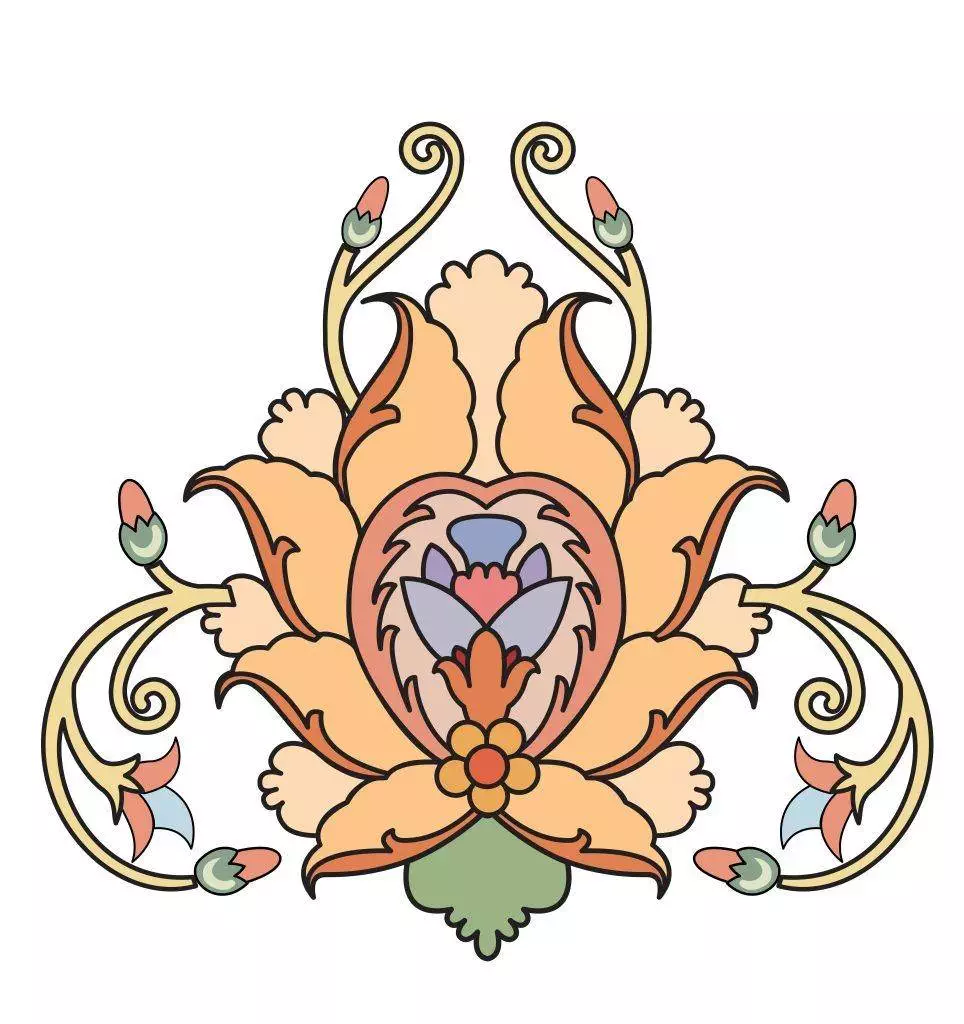 Ornate floral design with symmetrical, stylized leaves and petals in pastel colors, accented with small buds against a white background, reminiscent of Art Nouveau Tattoos you'd find in a Funhouse Tattoo studio.