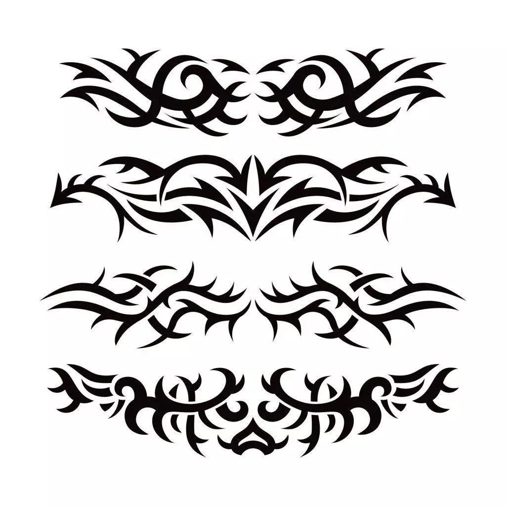 Four black tribal tattoo designs with abstract patterns, arranged horizontally on a white background, showcasing the unique artistry of Funhouse Tattoo in San Diego.