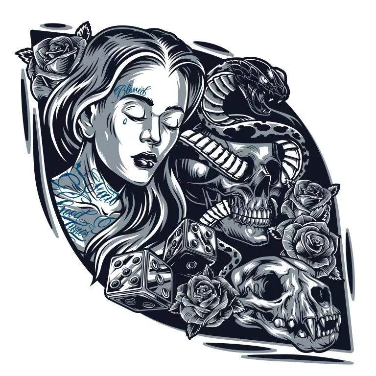 Monochromatic Chicano Style tattoo illustration featuring a woman's face, a skull, snake, roses, and dice, all framed by flowing ribbons with script text.