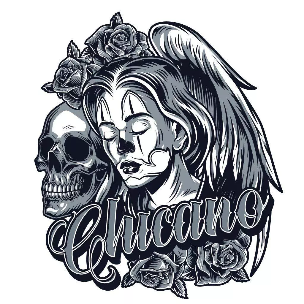 Monochromatic artwork showcasing a woman with clown makeup and angel wings, a skull, roses, and the word 
