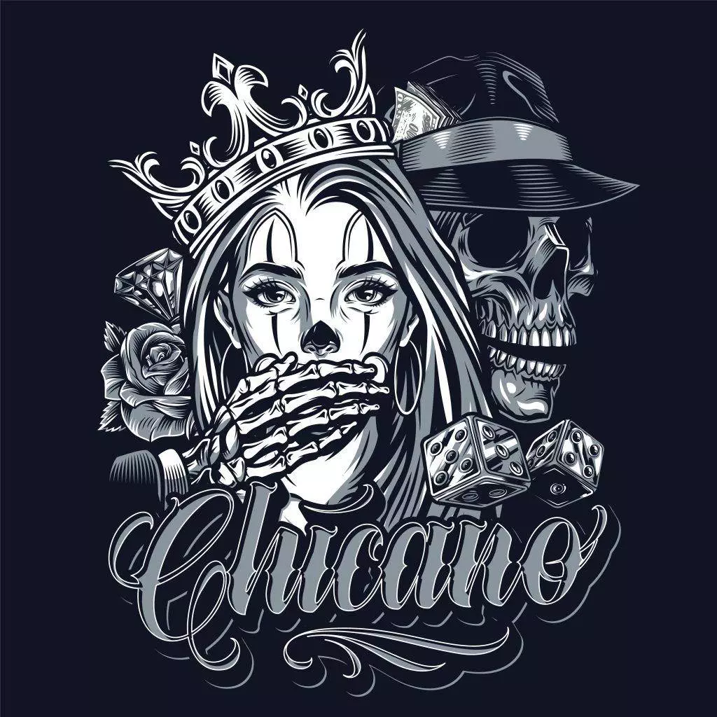 An artistic illustration featuring a woman with a skeletal hand across her mouth, a crown on her head, and a skull with a hat. The word 