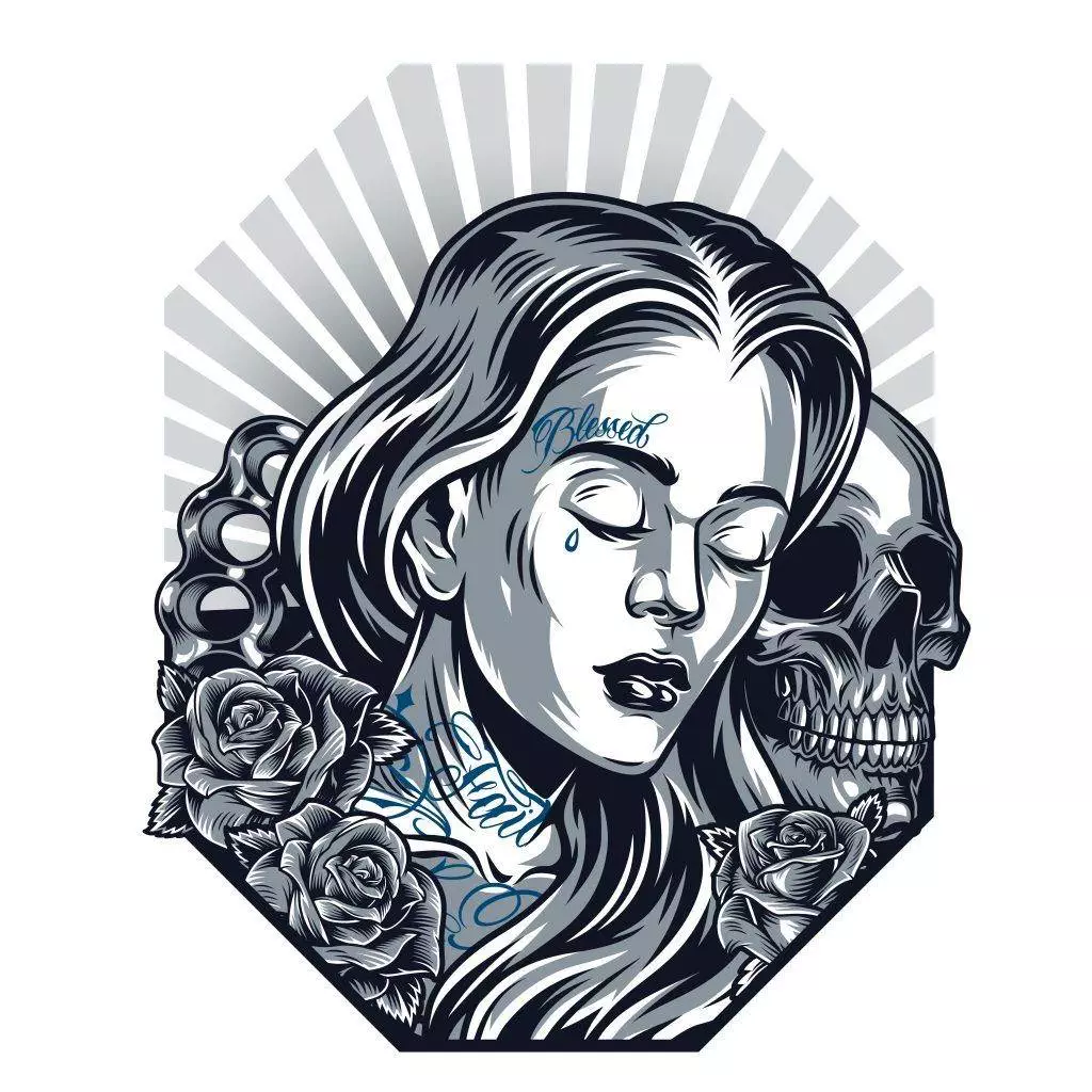 Illustration of a woman with tattoos, a teardrop under her eye, and a skull beside her, framed by roses and rays in the background, capturing the unique illustrative style of Funhouse Tattoo in San Diego.