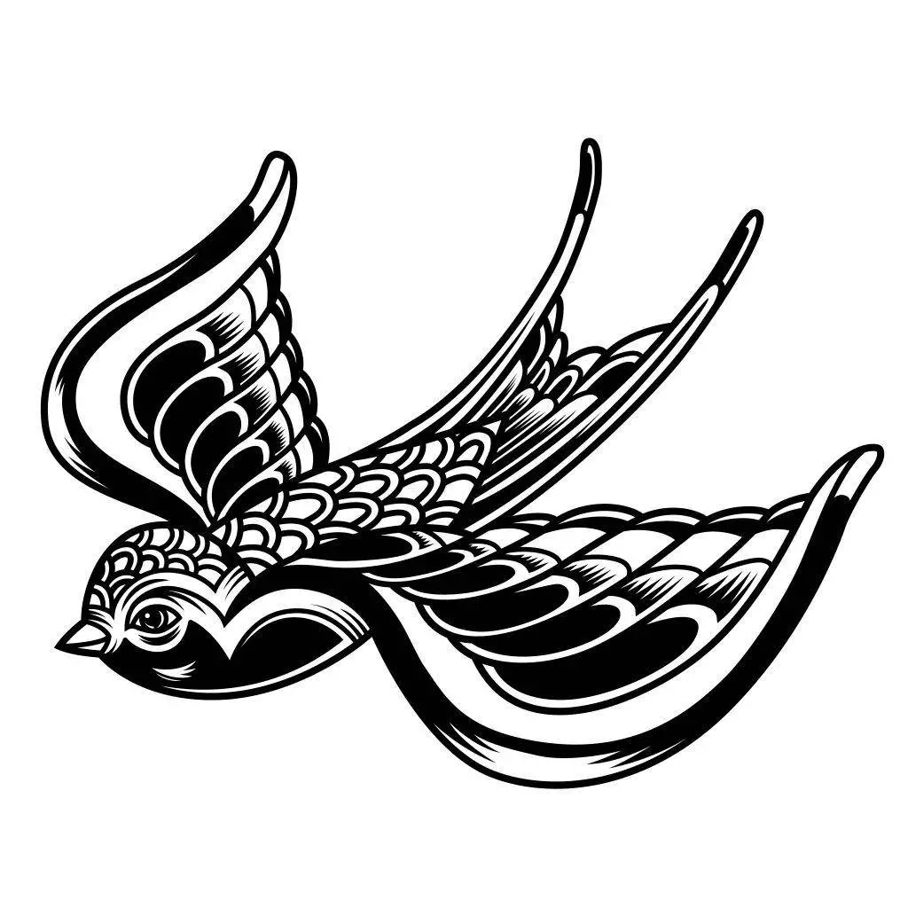 Black and white illustration of a bird in flight, with detailed feather patterns and bold lines, perfect for a Neo-Traditional Tattoo.