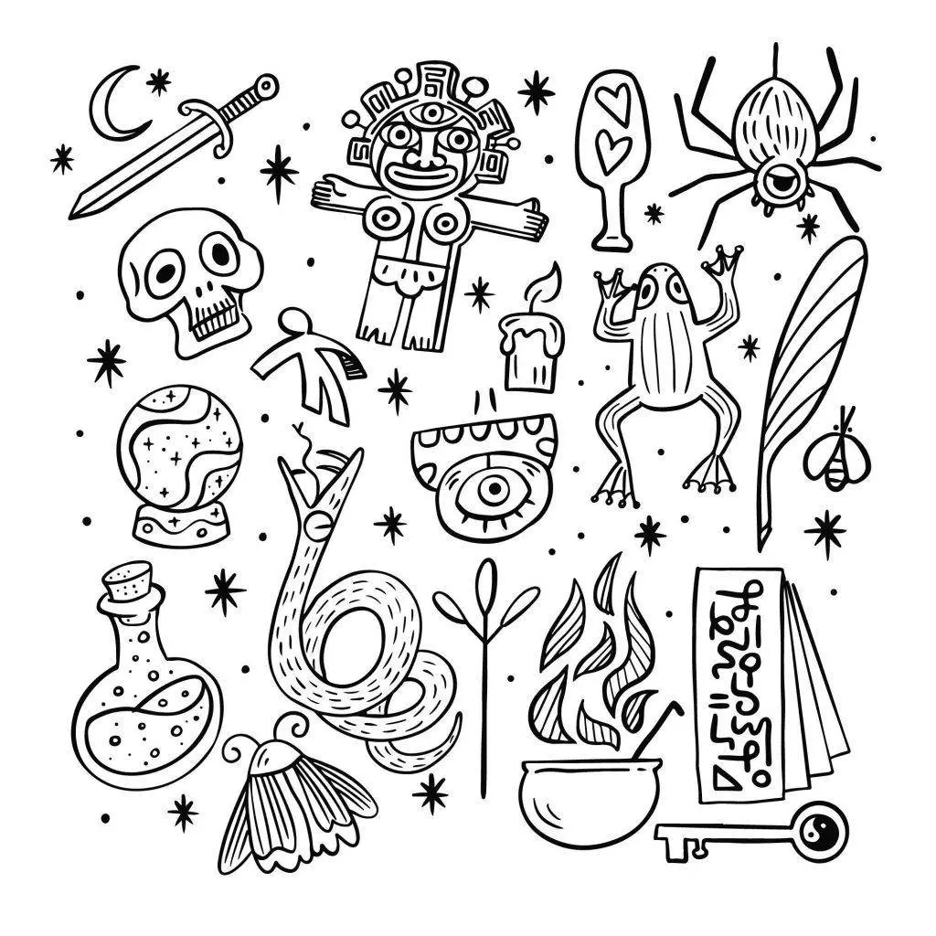 A black and white illustration featuring various mystical and symbolic elements, including a sword, skull, ancient figure, spider, frog, feather, potion, snake, and a key among other items—perfect inspiration for Stick and Poke Tattoos.