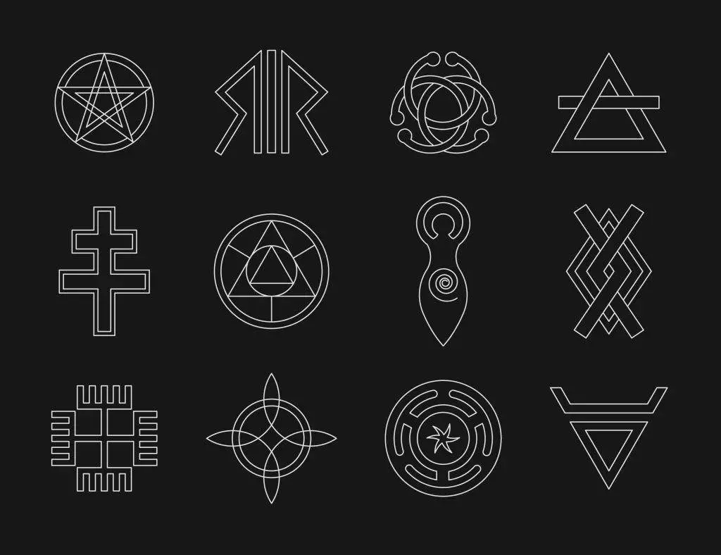 A grid of twelve unique, line-drawn symbols featuring minimalist tattoo designs on a black background, each with distinct geometric shapes and patterns.