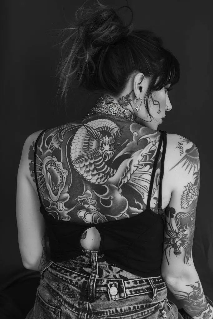 A person with intricate black and gray dragon portrait tattoos from Funhouse Tattoo on their back, neck, and arms, seen at Pacific Beach, wearing a black top and jeans.