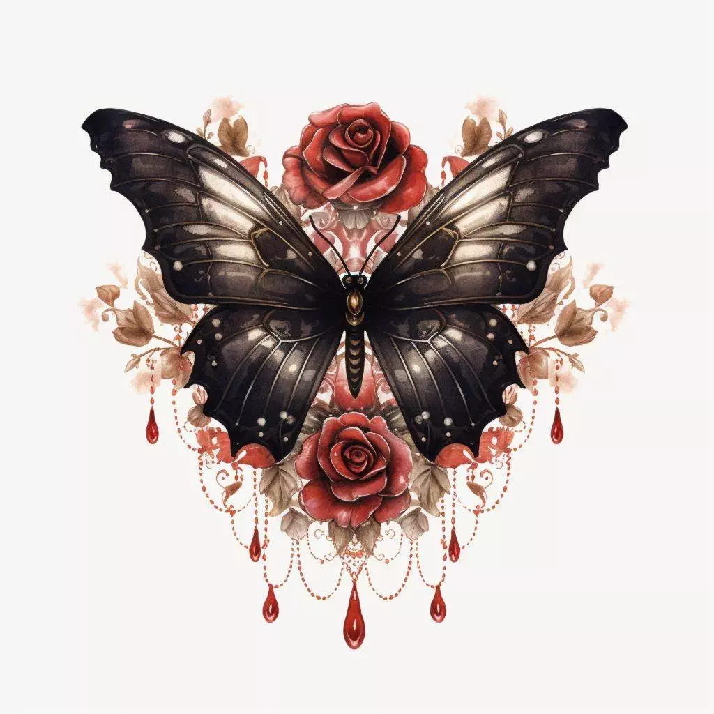 Illustration of a dark butterfly with metallic wings, surrounded by red roses and intricate floral elements, accented with hanging droplets—a true masterpiece of watercolor tattoo artistry from Funhouse Tattoo in San Diego.