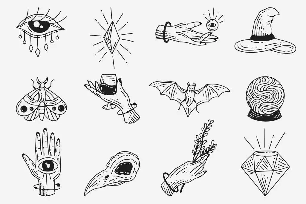 Array of twelve mystical-themed black and white illustrations from Funhouse Tattoo, including an eye, diamond, hands, hat, moth, wine glass, bat, crystal ball, hand with eye, bird skull, hand with branch, and gem. Perfect for those seeking minimalist tattoo designs.