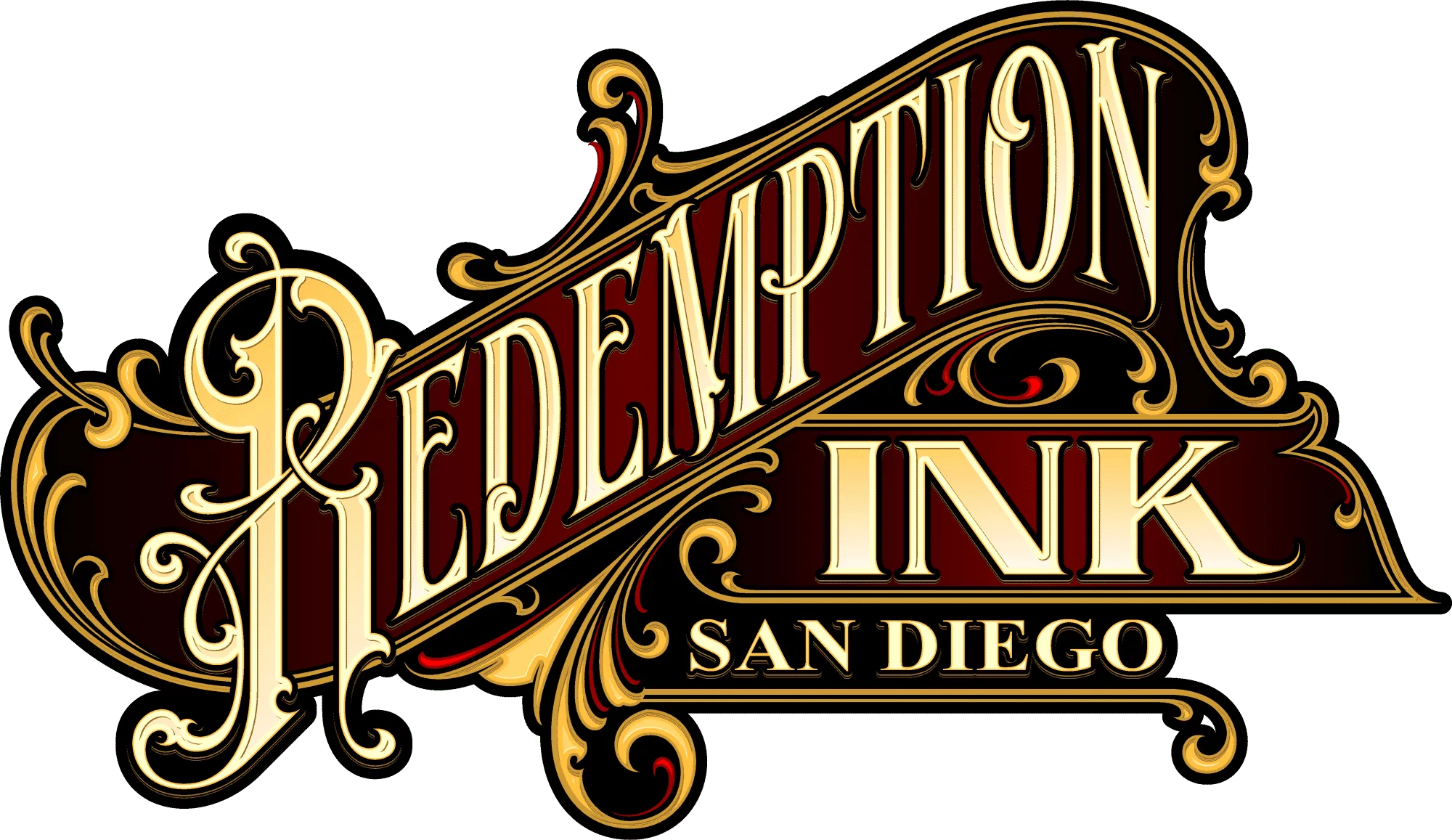 Logo for Redemption Ink San Diego, featuring ornate gold and maroon lettering with decorative flourishes, evoking a sense of elegance and home.