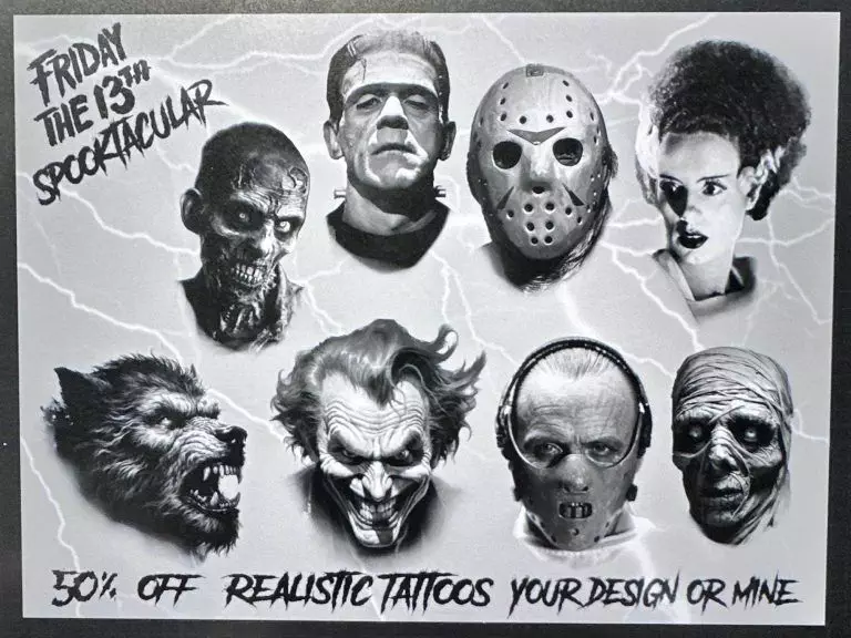 Poster advertising Friday the 13th tattoo specials with illustrations of iconic horror characters, offering 50% off realistic tattoos with the text 