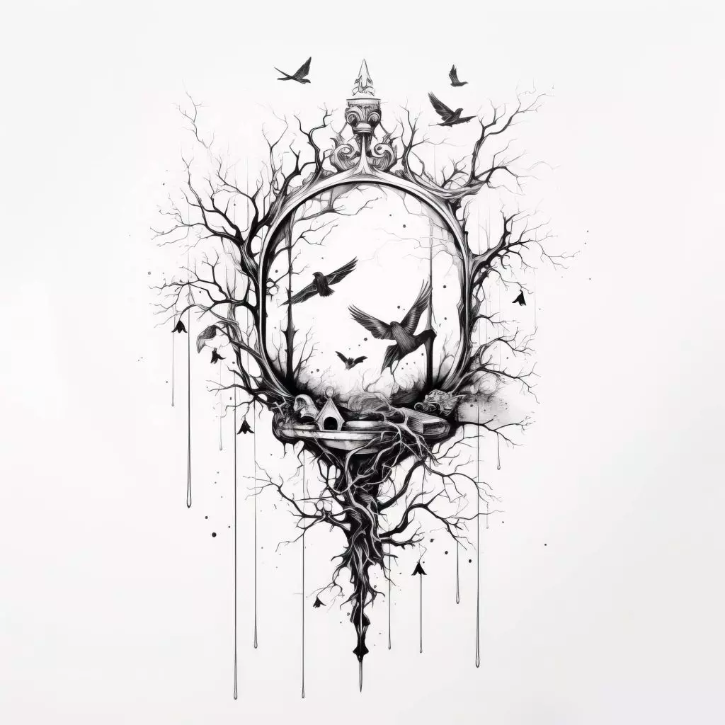 Monochrome illustration of a mirror-frame entwined with barren branches, birds, and skulls, blending Traditional Tattoo Styles with themes of nature and decay.