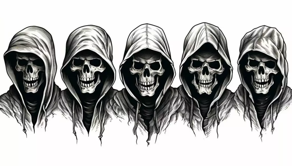 Five hooded skull figures lined up, each with a menacing grin. This black and white illustration exudes a horror tattoo aesthetic, perfect for fans of ghouls and ghosts.